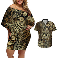 Vintage Tonga Tribal Ngatu Pattern Couples Matching Off Shoulder Short Dress and Hawaiian Shirt With Pacific Floral Brown Art