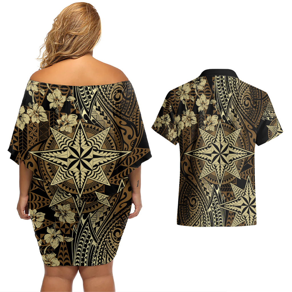 Vintage Tonga Tribal Ngatu Pattern Couples Matching Off Shoulder Short Dress and Hawaiian Shirt With Pacific Floral Brown Art