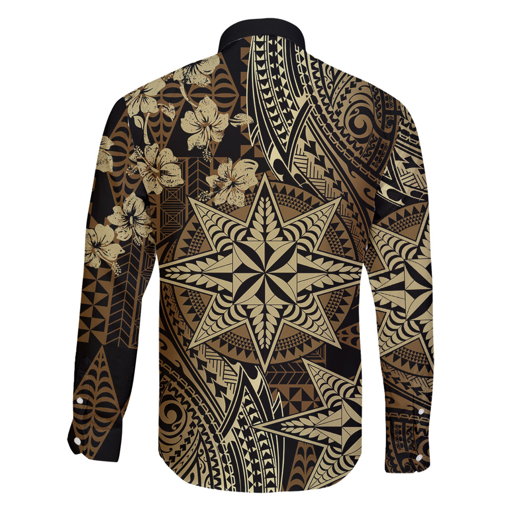 Vintage Tonga Tribal Ngatu Pattern Family Matching Long Sleeve Bodycon Dress and Hawaiian Shirt With Pacific Floral Brown Art