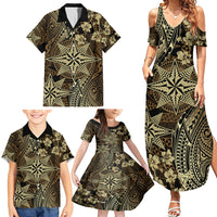 Vintage Tonga Tribal Ngatu Pattern Family Matching Summer Maxi Dress and Hawaiian Shirt With Pacific Floral Brown Art