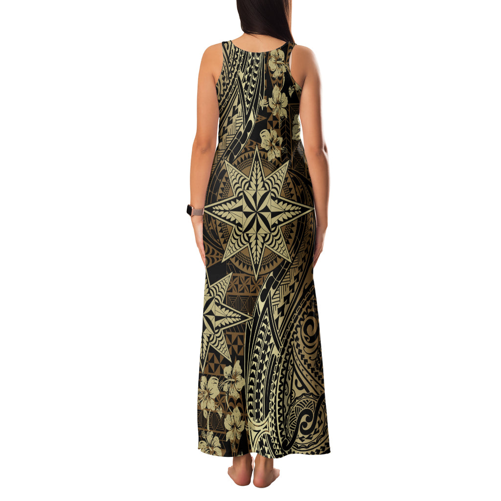 Vintage Tonga Tribal Ngatu Pattern Family Matching Tank Maxi Dress and Hawaiian Shirt With Pacific Floral Brown Art