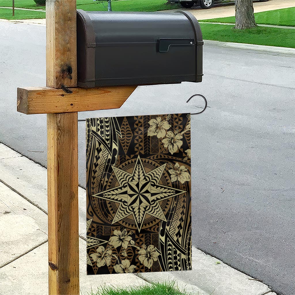 Vintage Tonga Tribal Ngatu Pattern Garden Flag With Pacific Floral Brown Art