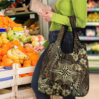 Vintage Tonga Tribal Ngatu Pattern Grocery Bag With Pacific Floral Brown Art