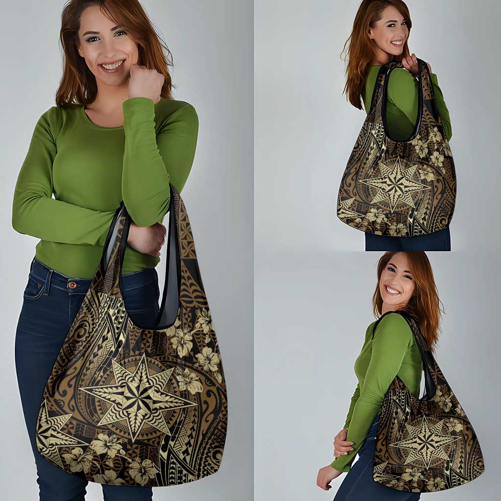 Vintage Tonga Tribal Ngatu Pattern Grocery Bag With Pacific Floral Brown Art