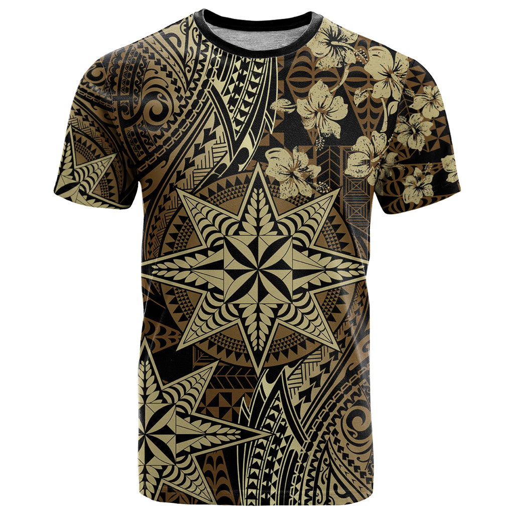 Vintage Tonga Tribal Ngatu Pattern T Shirt With Pacific Floral Brown Art