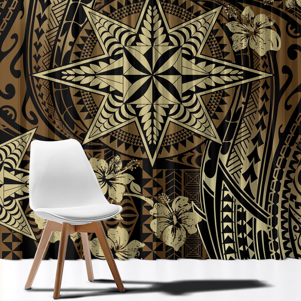 Vintage Tonga Tribal Ngatu Pattern Window Curtain With Pacific Floral Brown Art