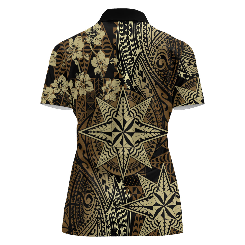 Vintage Tonga Tribal Ngatu Pattern Women Polo Shirt With Pacific Floral Brown Art