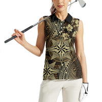 Vintage Tonga Tribal Ngatu Pattern Women Sleeveless Polo Shirt With Pacific Floral Brown Art