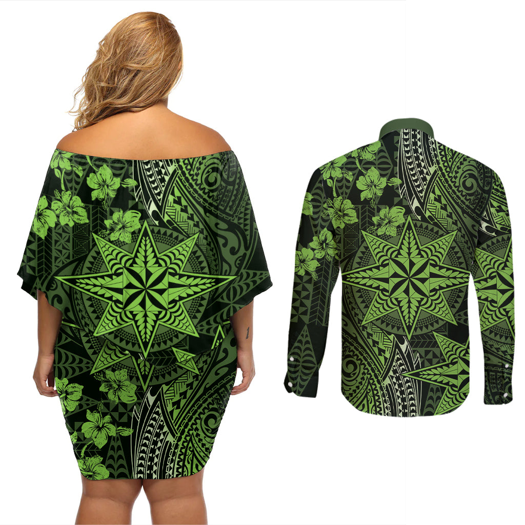 Vintage Tonga Tribal Ngatu Pattern Couples Matching Off Shoulder Short Dress and Long Sleeve Button Shirt With Pacific Floral Lime Green Art