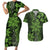 Vintage Tonga Tribal Ngatu Pattern Couples Matching Short Sleeve Bodycon Dress and Hawaiian Shirt With Pacific Floral Lime Green Art