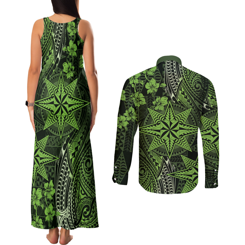 Vintage Tonga Tribal Ngatu Pattern Couples Matching Tank Maxi Dress and Long Sleeve Button Shirt With Pacific Floral Lime Green Art