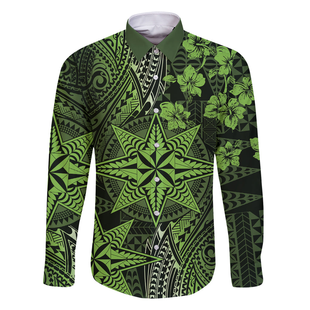 Vintage Tonga Tribal Ngatu Pattern Family Matching Long Sleeve Bodycon Dress and Hawaiian Shirt With Pacific Floral Lime Green Art