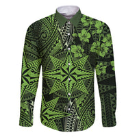 Vintage Tonga Tribal Ngatu Pattern Family Matching Long Sleeve Bodycon Dress and Hawaiian Shirt With Pacific Floral Lime Green Art