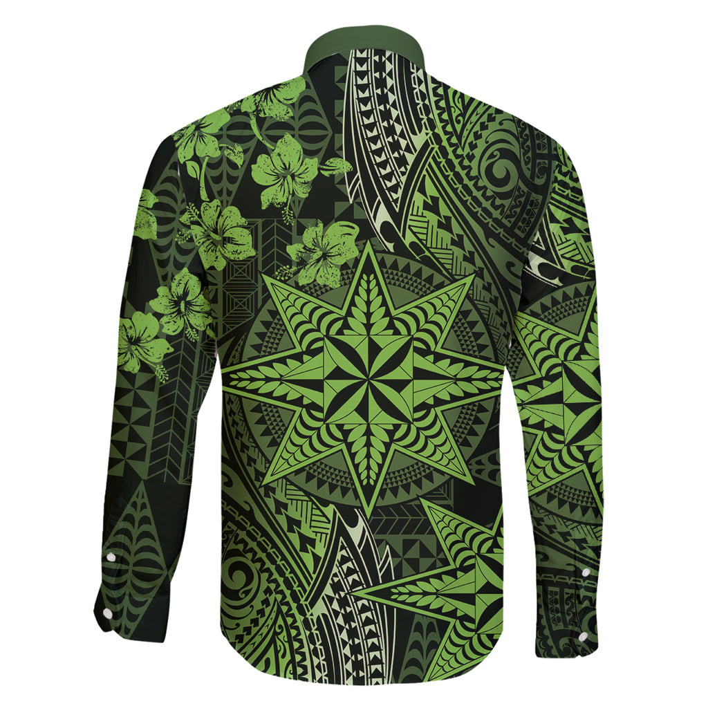 Vintage Tonga Tribal Ngatu Pattern Family Matching Long Sleeve Bodycon Dress and Hawaiian Shirt With Pacific Floral Lime Green Art