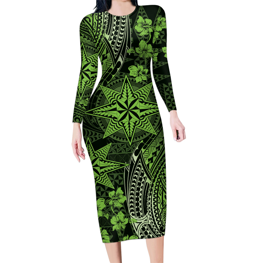 Vintage Tonga Tribal Ngatu Pattern Family Matching Long Sleeve Bodycon Dress and Hawaiian Shirt With Pacific Floral Lime Green Art