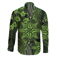 Vintage Tonga Tribal Ngatu Pattern Family Matching Short Sleeve Bodycon Dress and Hawaiian Shirt With Pacific Floral Lime Green Art