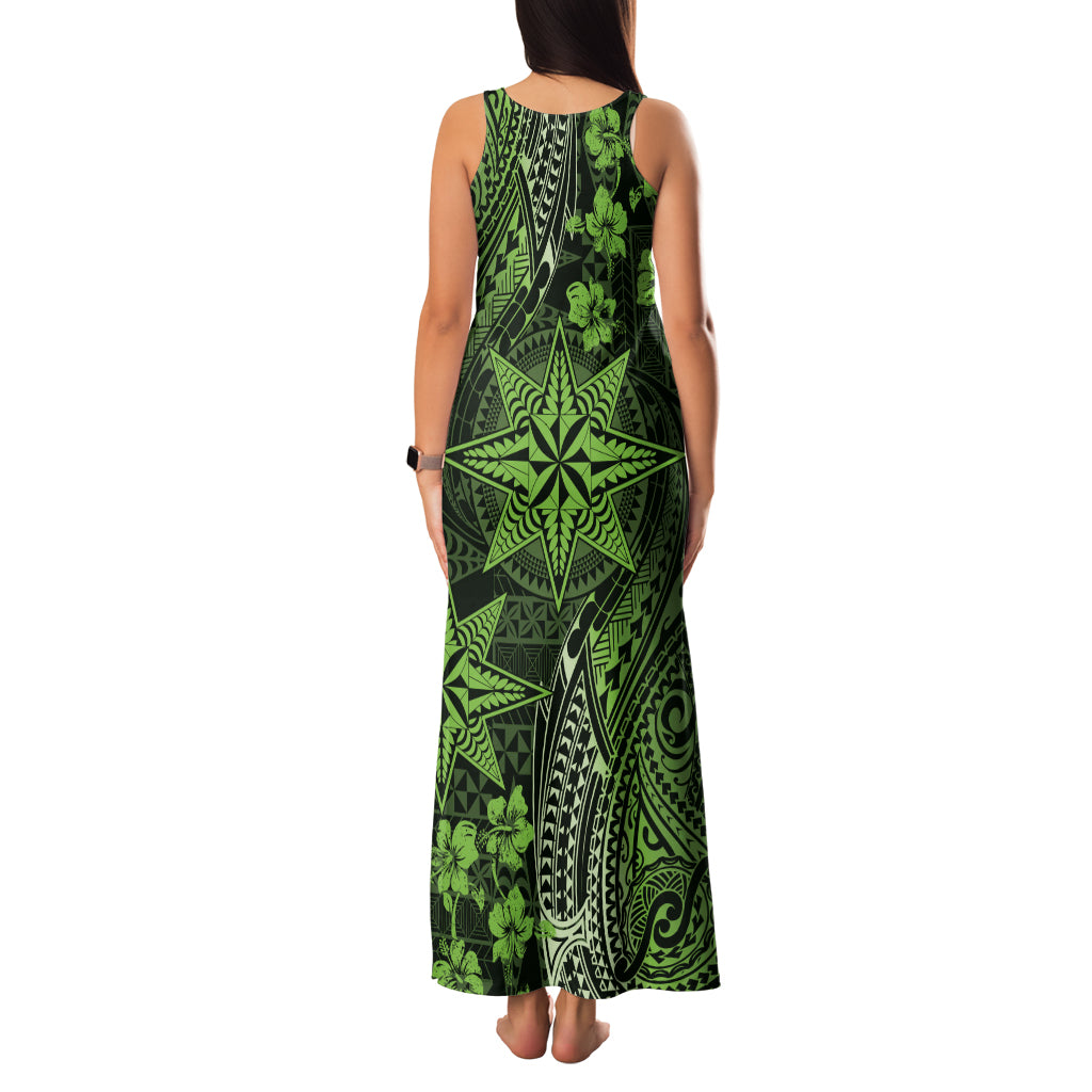 Vintage Tonga Tribal Ngatu Pattern Family Matching Tank Maxi Dress and Hawaiian Shirt With Pacific Floral Lime Green Art