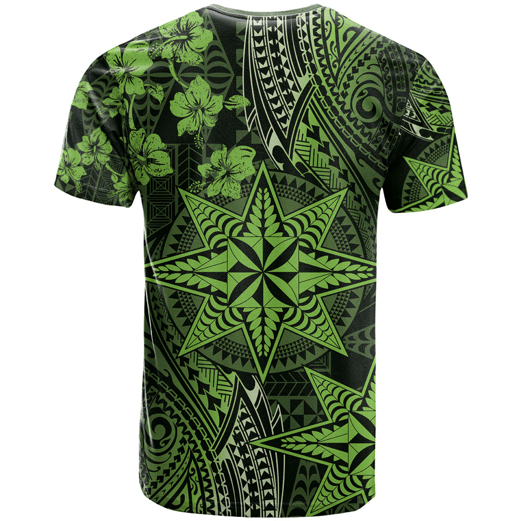 Vintage Tonga Tribal Ngatu Pattern T Shirt With Pacific Floral Lime Green Art