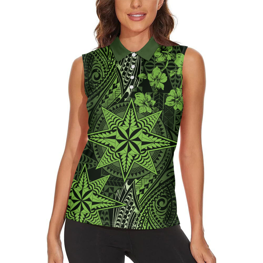 Vintage Tonga Tribal Ngatu Pattern Women Sleeveless Polo Shirt With Pacific Floral Lime Green Art