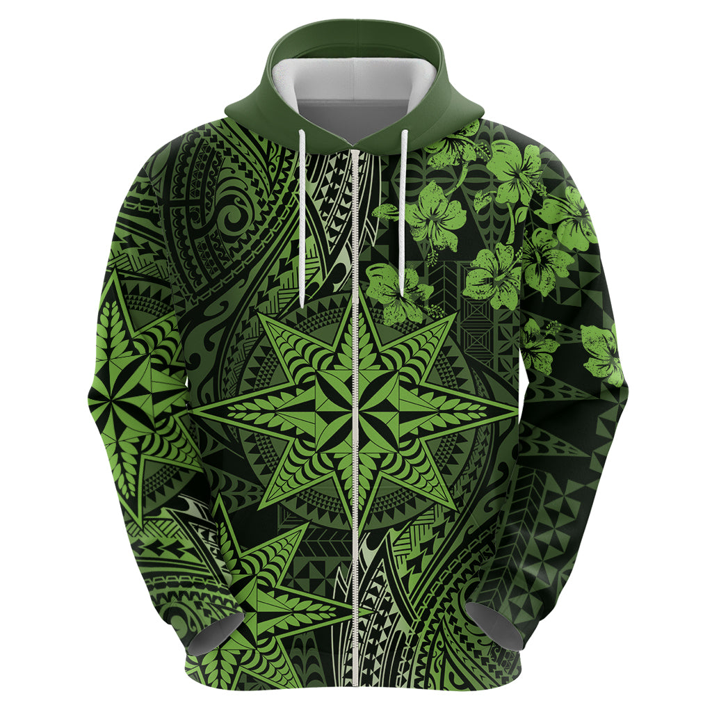 Vintage Tonga Tribal Ngatu Pattern Zip Hoodie With Pacific Floral Lime Green Art