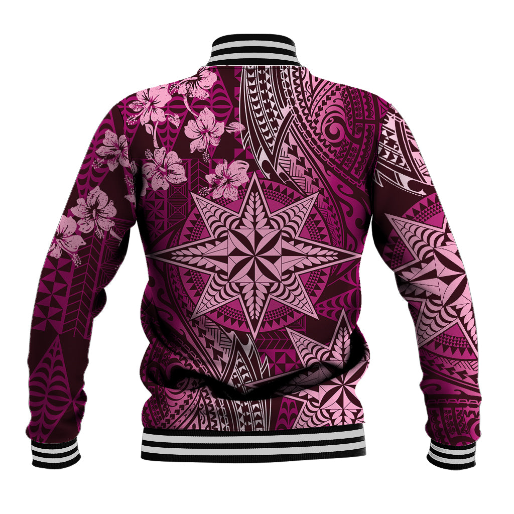 Vintage Tonga Tribal Ngatu Pattern Baseball Jacket With Pacific Floral Pink Art