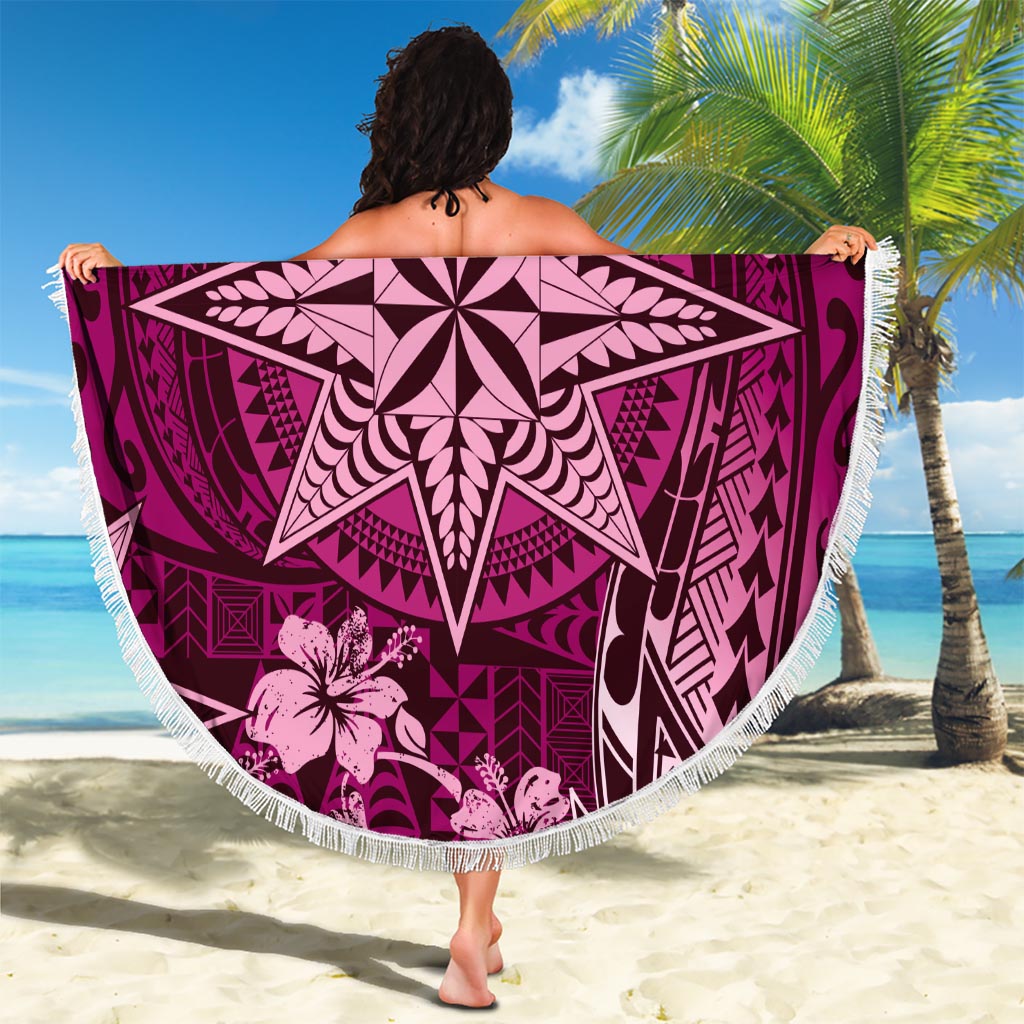Vintage Tonga Tribal Ngatu Pattern Beach Blanket With Pacific Floral Pink Art