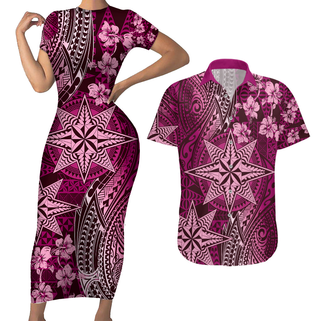 Vintage Tonga Tribal Ngatu Pattern Couples Matching Short Sleeve Bodycon Dress and Hawaiian Shirt With Pacific Floral Pink Art