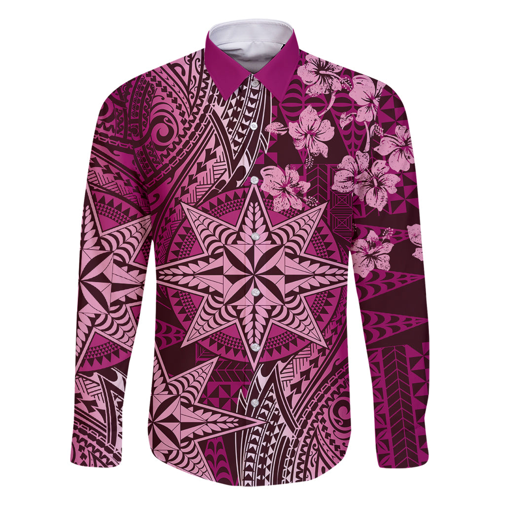 Vintage Tonga Tribal Ngatu Pattern Family Matching Long Sleeve Bodycon Dress and Hawaiian Shirt With Pacific Floral Pink Art