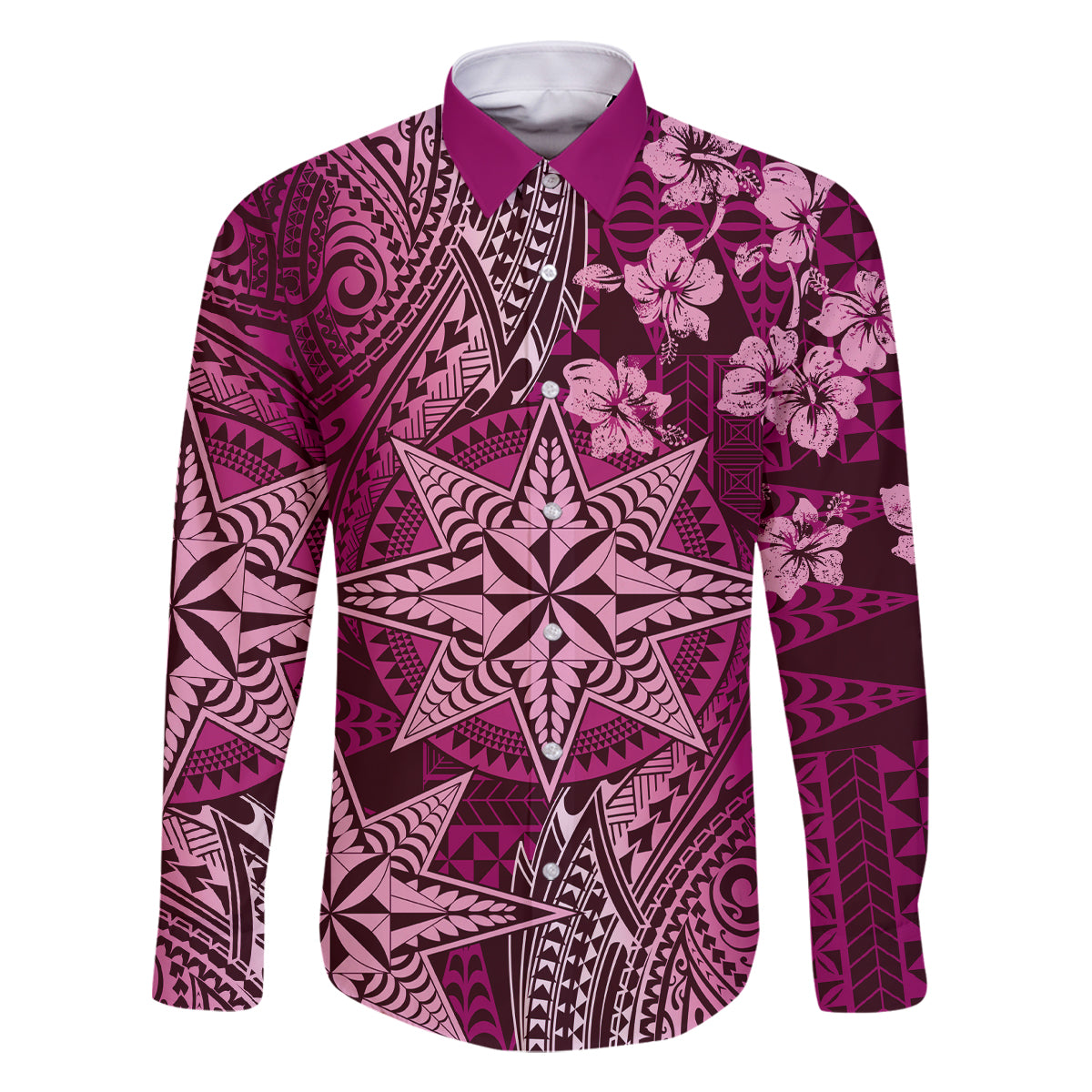 Vintage Tonga Tribal Ngatu Pattern Family Matching Off The Shoulder Long Sleeve Dress and Hawaiian Shirt With Pacific Floral Pink Art