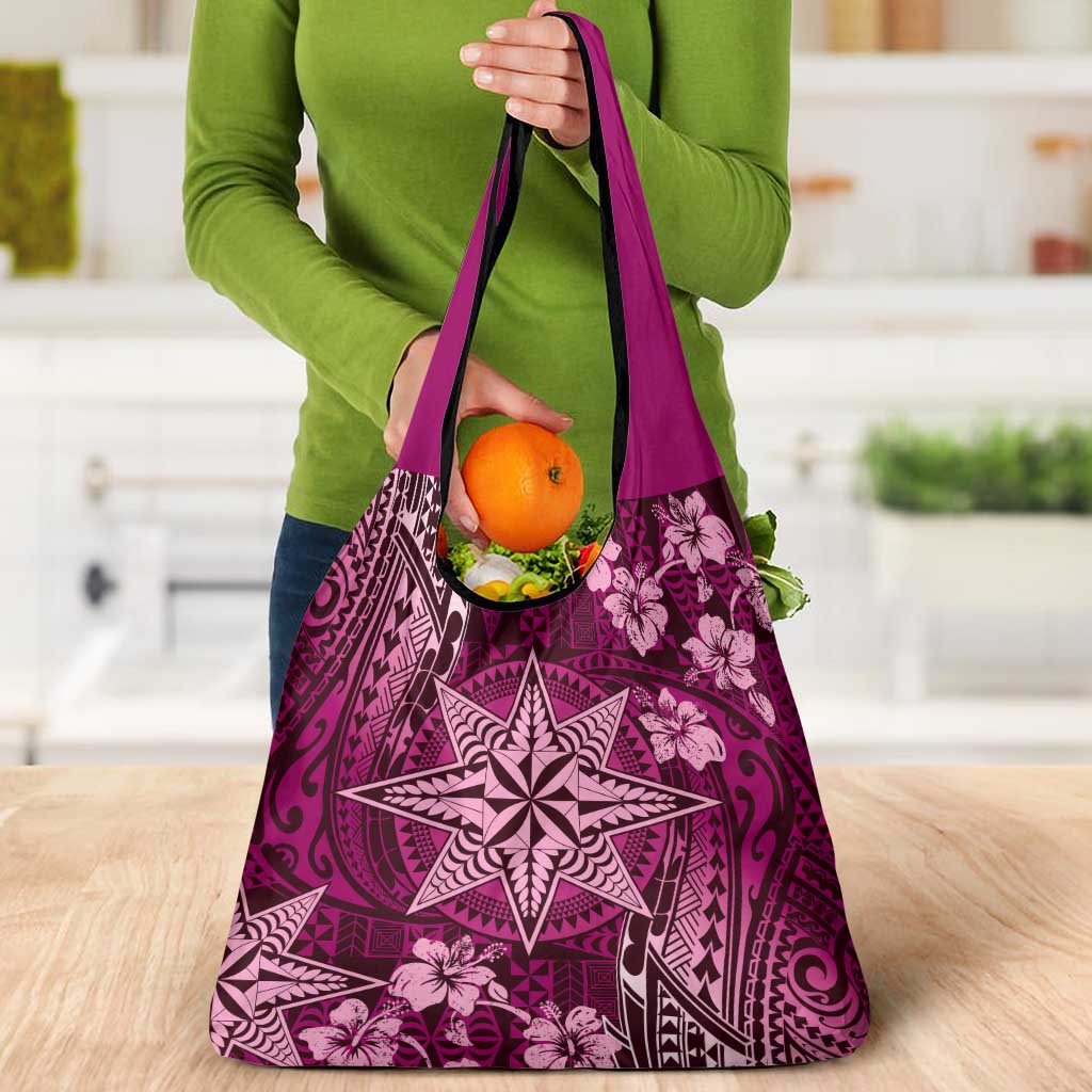 Vintage Tonga Tribal Ngatu Pattern Grocery Bag With Pacific Floral Pink Art