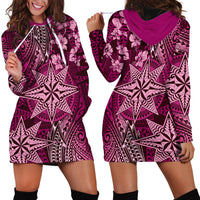 Vintage Tonga Tribal Ngatu Pattern Hoodie Dress With Pacific Floral Pink Art