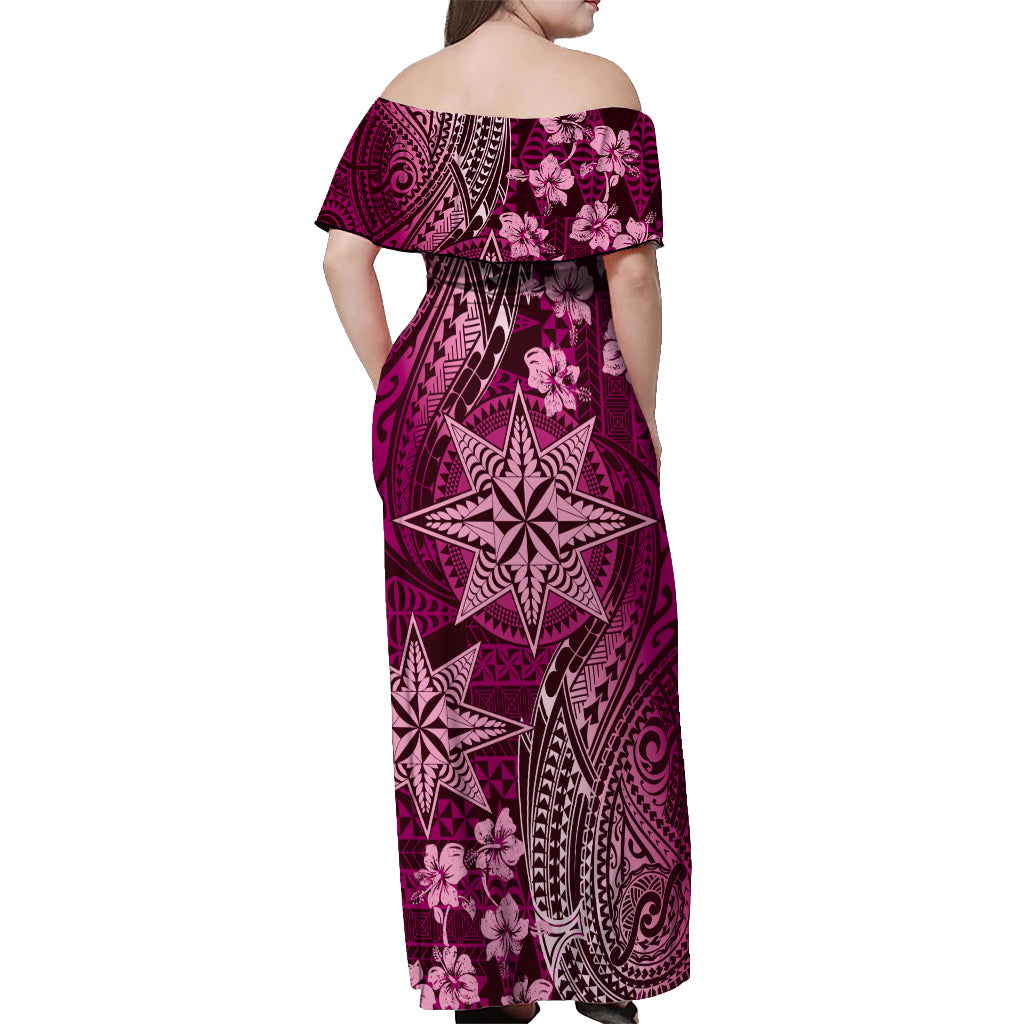 Vintage Tonga Tribal Ngatu Pattern Off Shoulder Maxi Dress With Pacific Floral Pink Art