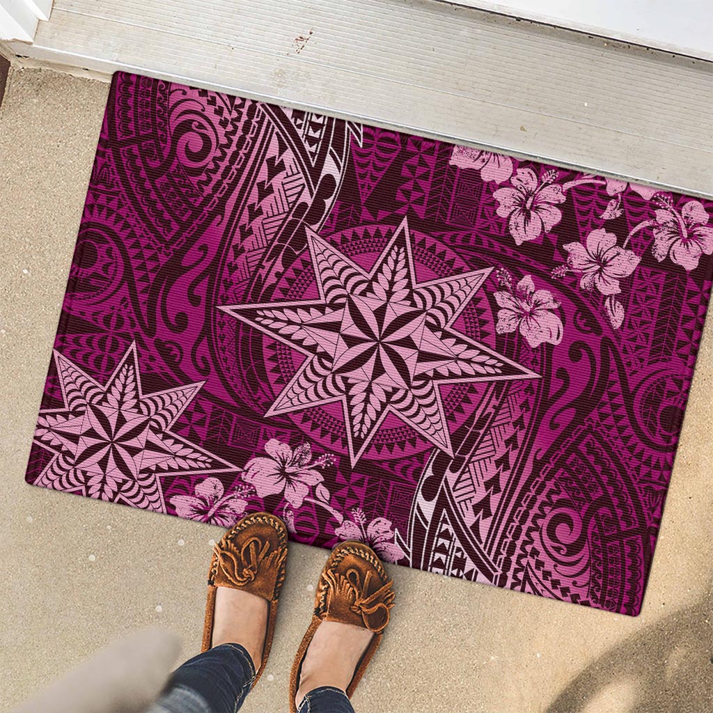Vintage Tonga Tribal Ngatu Pattern Rubber Doormat With Pacific Floral Pink Art