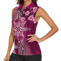 Vintage Tonga Tribal Ngatu Pattern Women Sleeveless Polo Shirt With Pacific Floral Pink Art