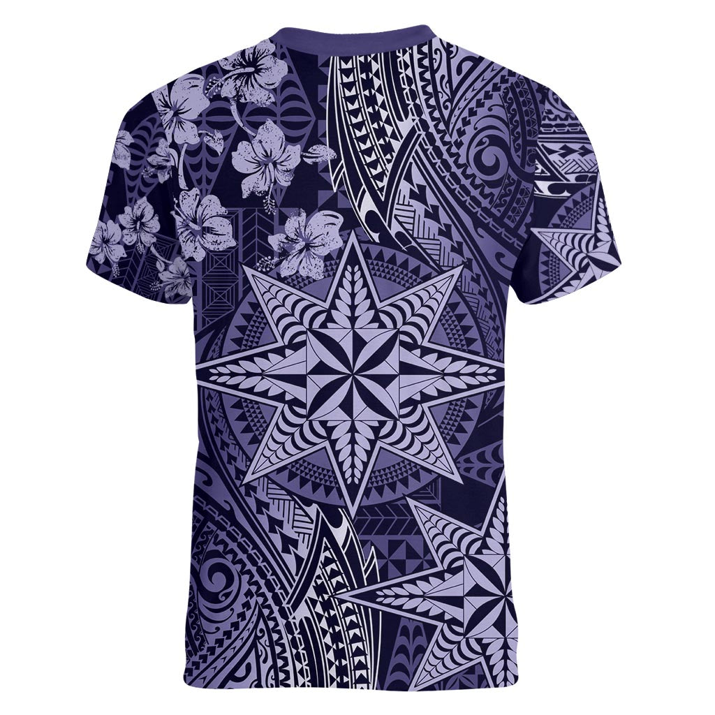 Vintage Tonga Tribal Ngatu Pattern Women V-Neck T-Shirt With Pacific Floral Pink Art