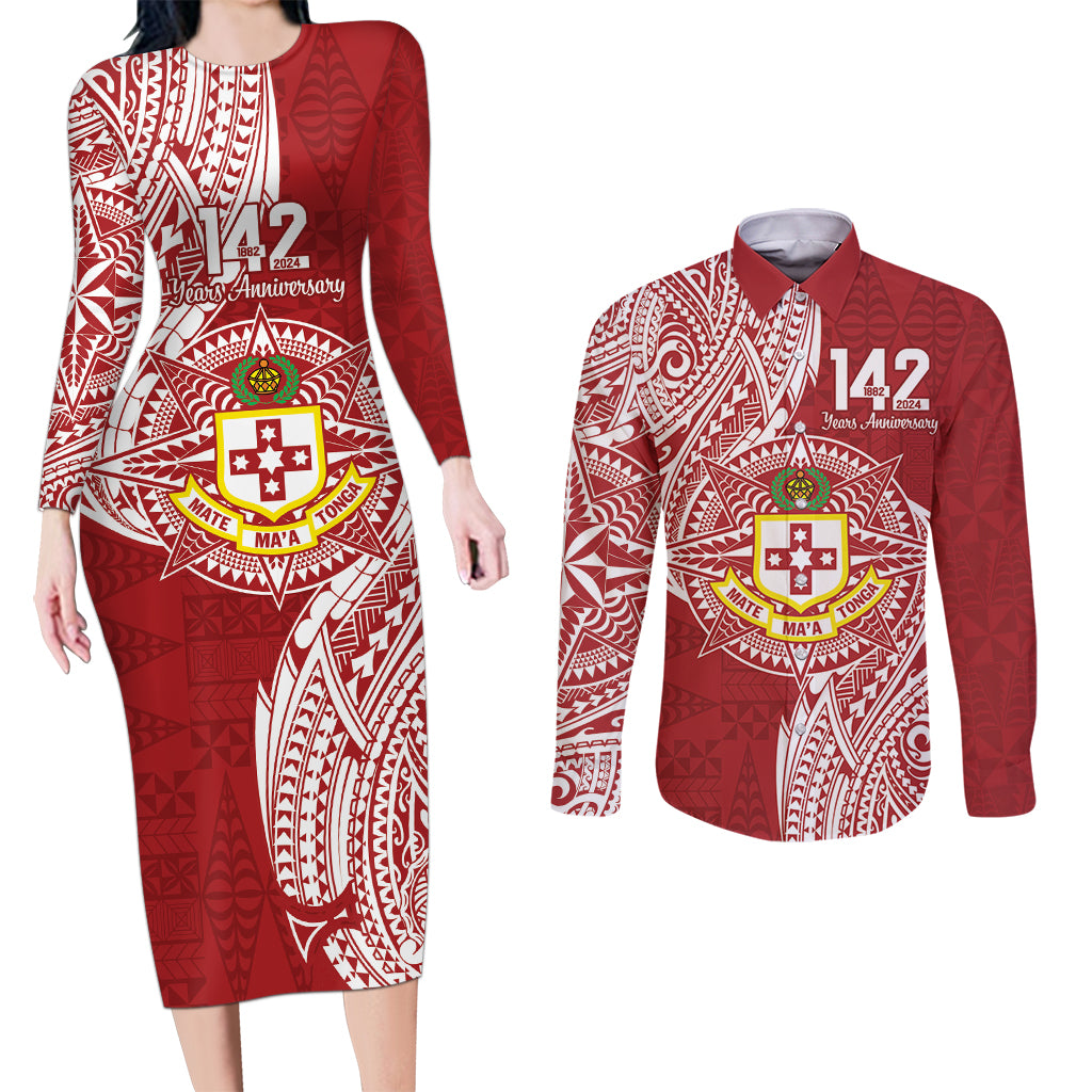 Personalised Kolisi Tonga Atele 142nd Anniversary Couples Matching Long Sleeve Bodycon Dress and Long Sleeve Button Shirt Special Kupesi Pattern