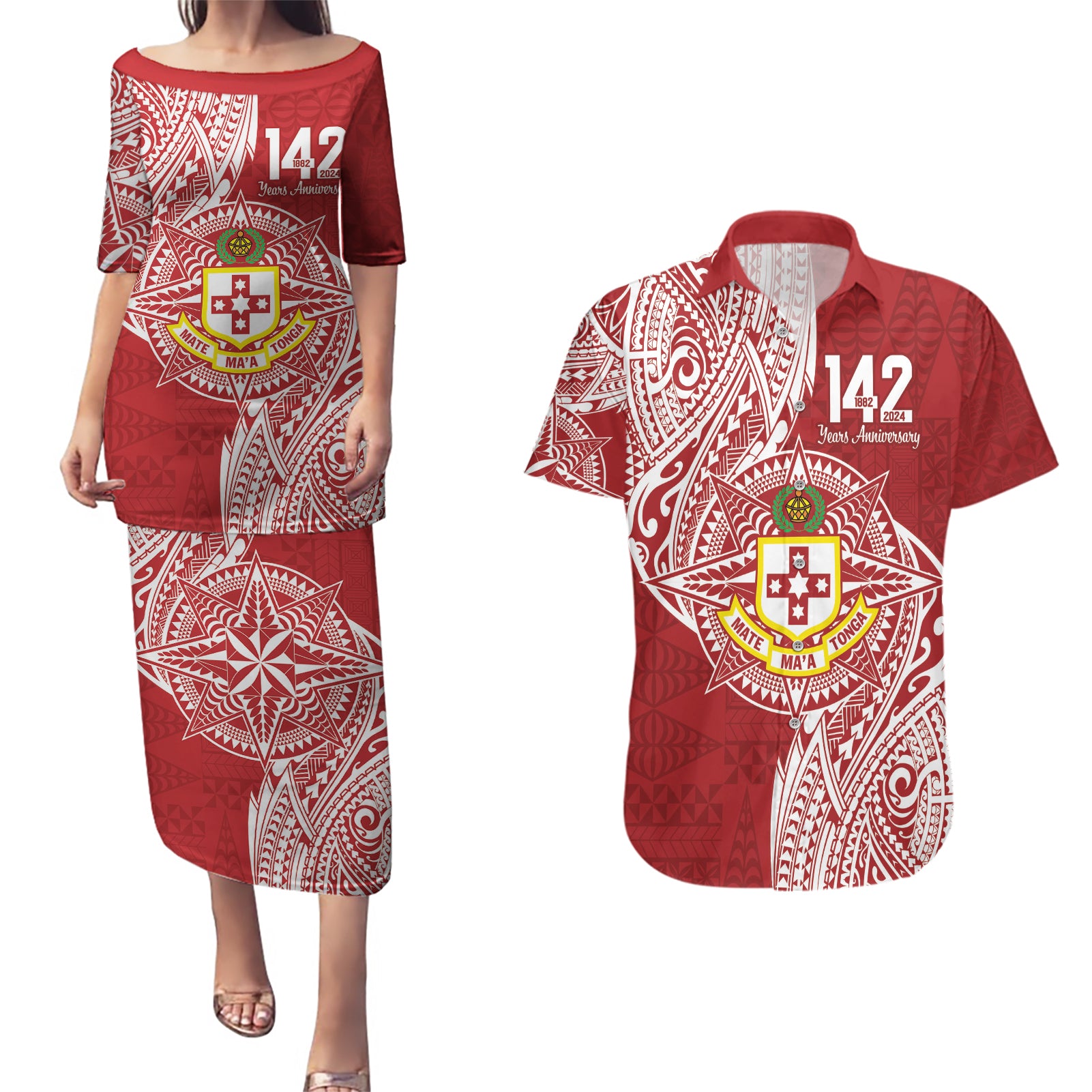 Personalised Kolisi Tonga Atele 142nd Anniversary Couples Matching Puletasi and Hawaiian Shirt Special Kupesi Pattern