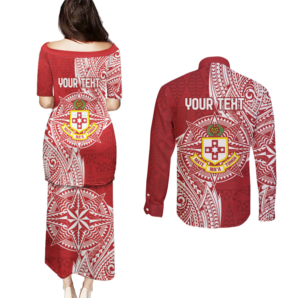 Personalised Kolisi Tonga Atele 142nd Anniversary Couples Matching Puletasi and Long Sleeve Button Shirt Special Kupesi Pattern