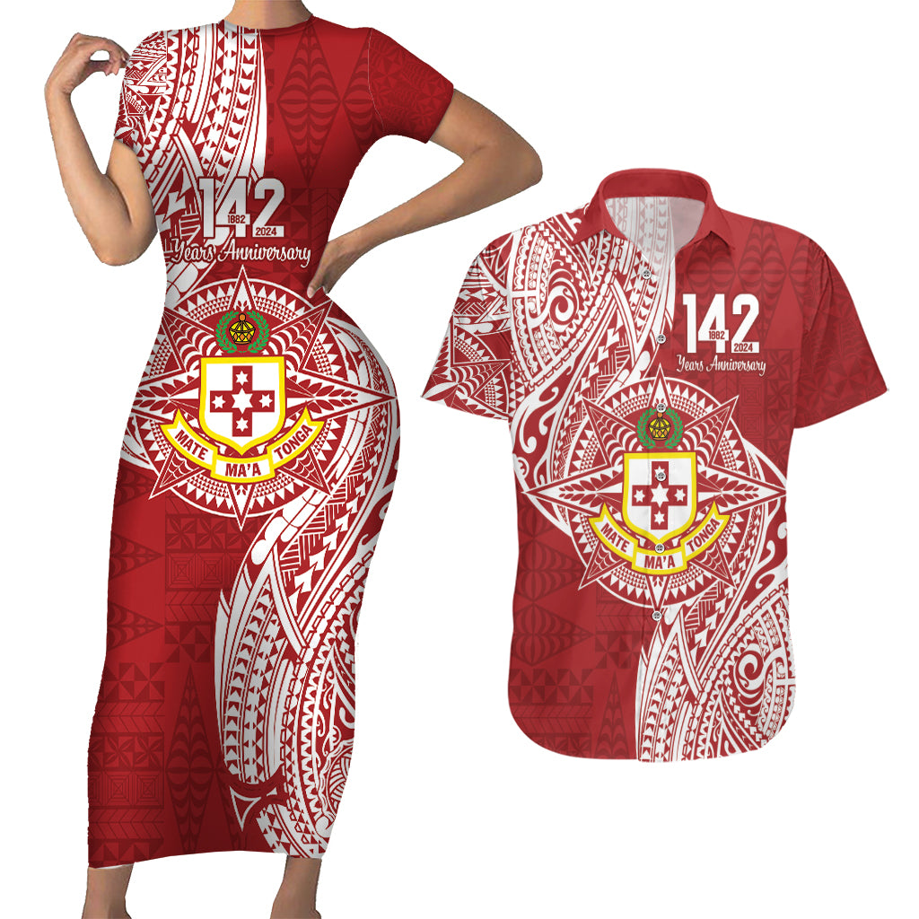 Personalised Kolisi Tonga Atele 142nd Anniversary Couples Matching Short Sleeve Bodycon Dress and Hawaiian Shirt Special Kupesi Pattern