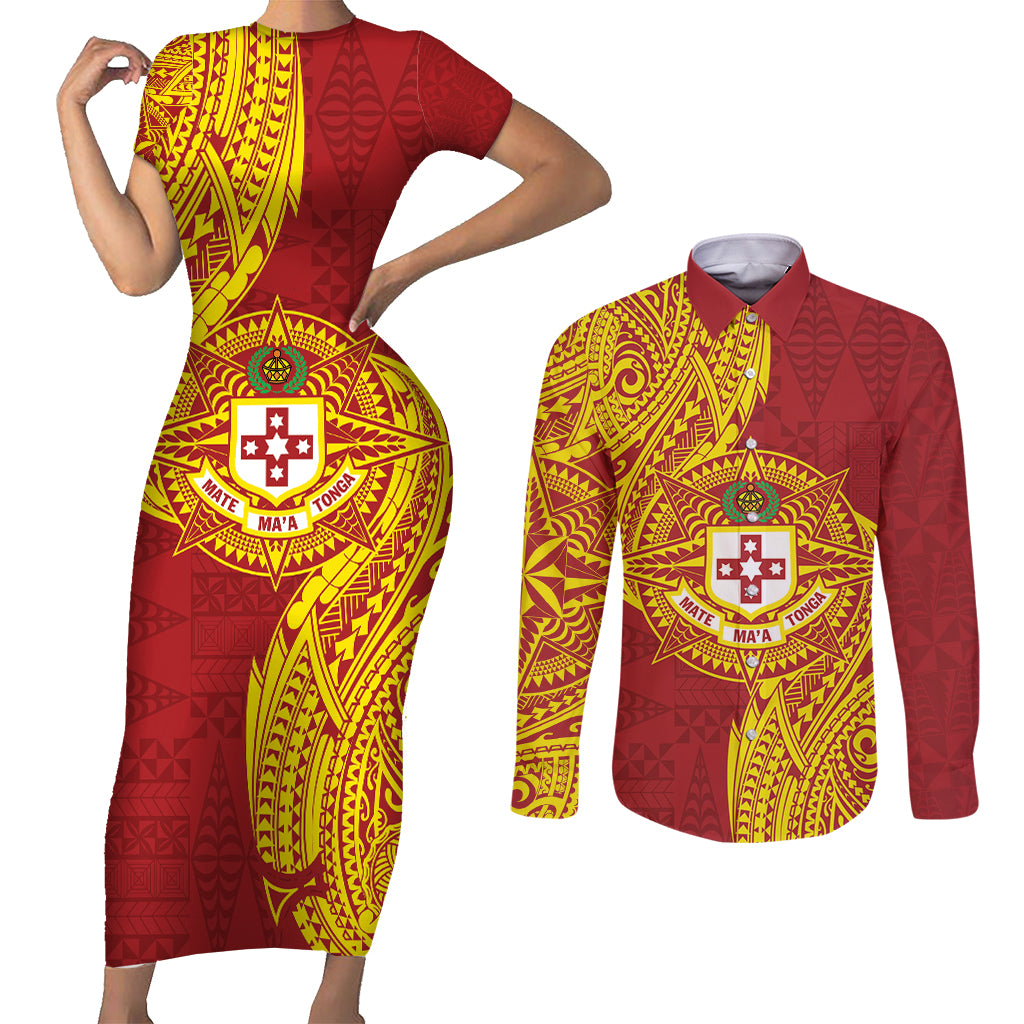 Personalised Kolisi Tonga Atele Couples Matching Short Sleeve Bodycon Dress and Long Sleeve Button Shirt Since 1882 Simple Ngatu Pattern