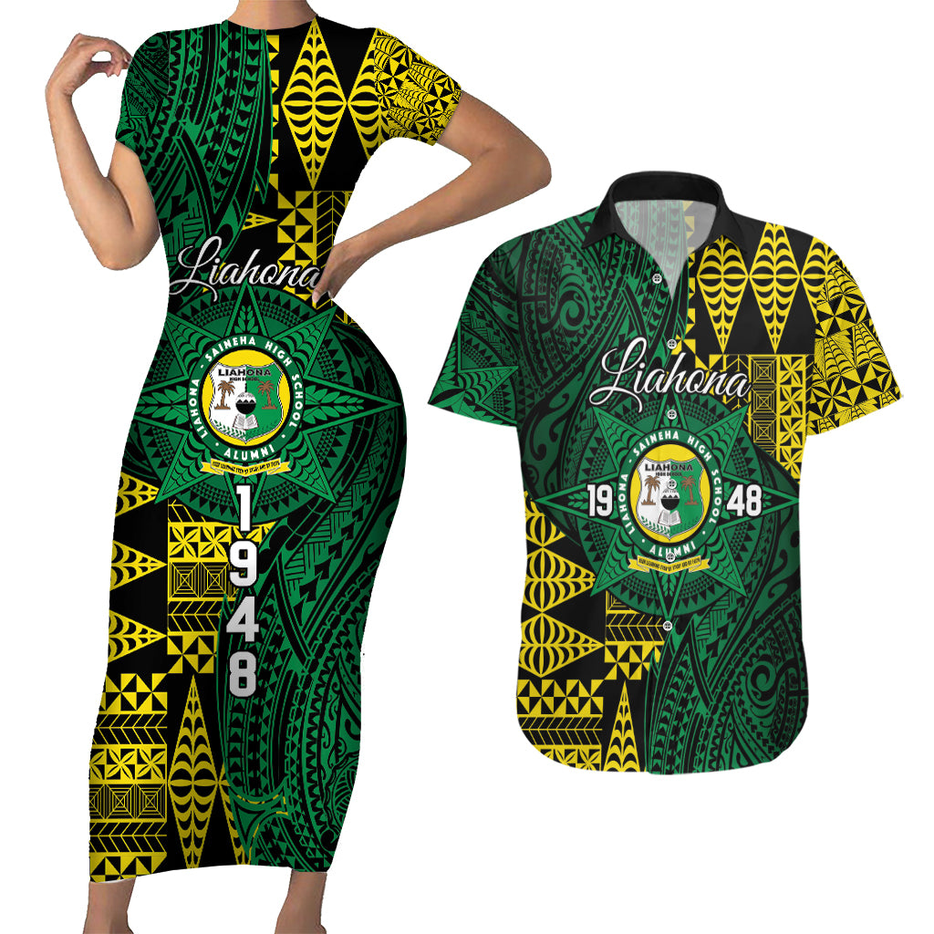 Personalised Tonga Liahona High School Couples Matching Short Sleeve Bodycon Dress and Hawaiian Shirt Since 1948 Special Kupesi Pattern