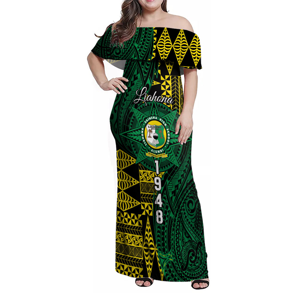 Personalised Tonga Liahona High School Family Matching Off Shoulder Maxi Dress and Hawaiian Shirt Since 1948 Special Kupesi Pattern