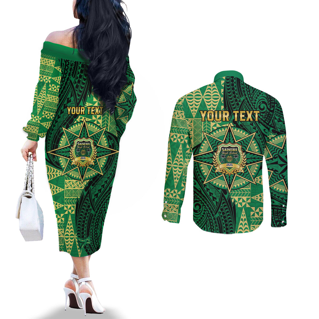 Personalised Tonga Saineha High School Couples Matching Off The Shoulder Long Sleeve Dress and Long Sleeve Button Shirt Since 1978 Special Kupesi Pattern