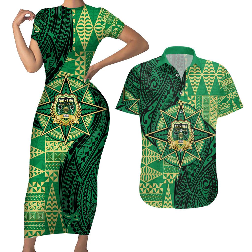 Personalised Tonga Saineha High School Couples Matching Short Sleeve Bodycon Dress and Hawaiian Shirt Since 1978 Special Kupesi Pattern