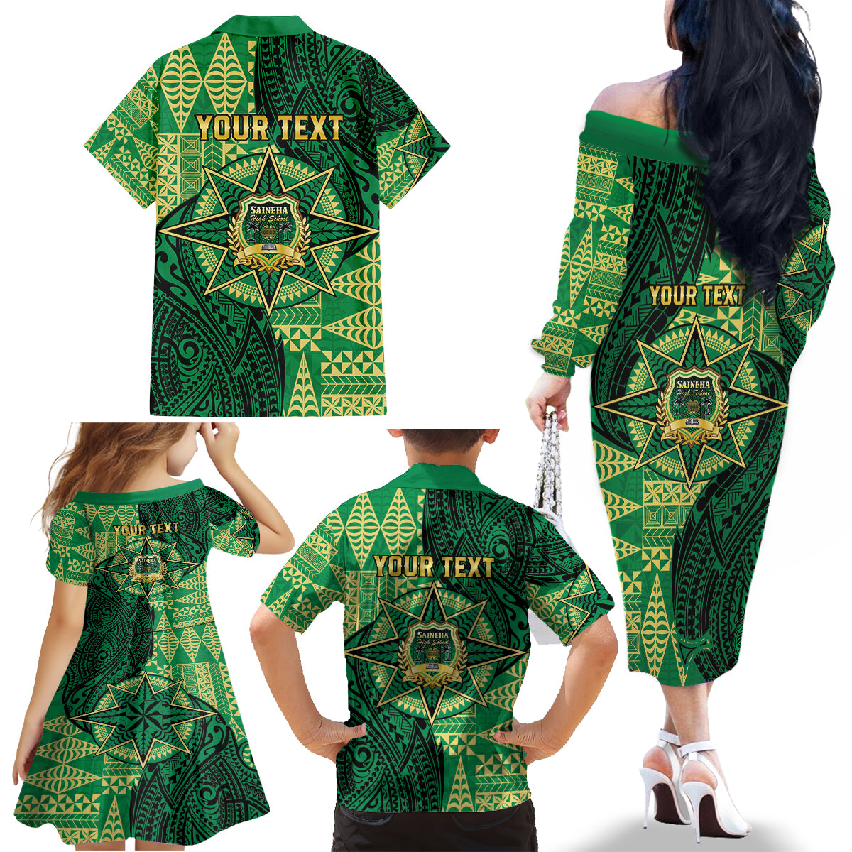 Personalised Tonga Saineha High School Family Matching Off The Shoulder Long Sleeve Dress and Hawaiian Shirt Since 1978 Special Kupesi Pattern