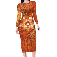 Personalised Tonga Tailulu College Long Sleeve Bodycon Dress Since 1967 Special Kupesi Pattern Version 1 LT9 Long Dress Gold - Polynesian Pride