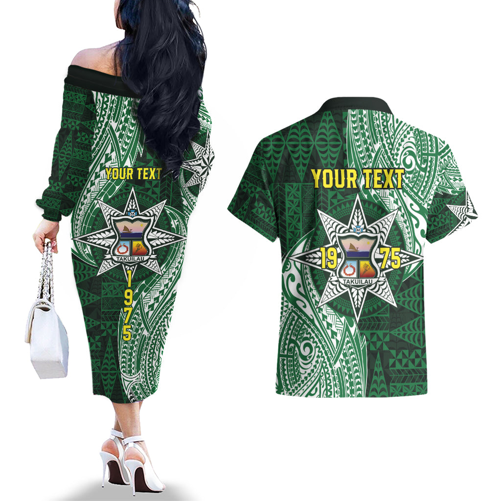 Personalised Tonga Takuilau College Couples Matching Off The Shoulder Long Sleeve Dress and Hawaiian Shirt Since 1975 Special Kupesi Pattern