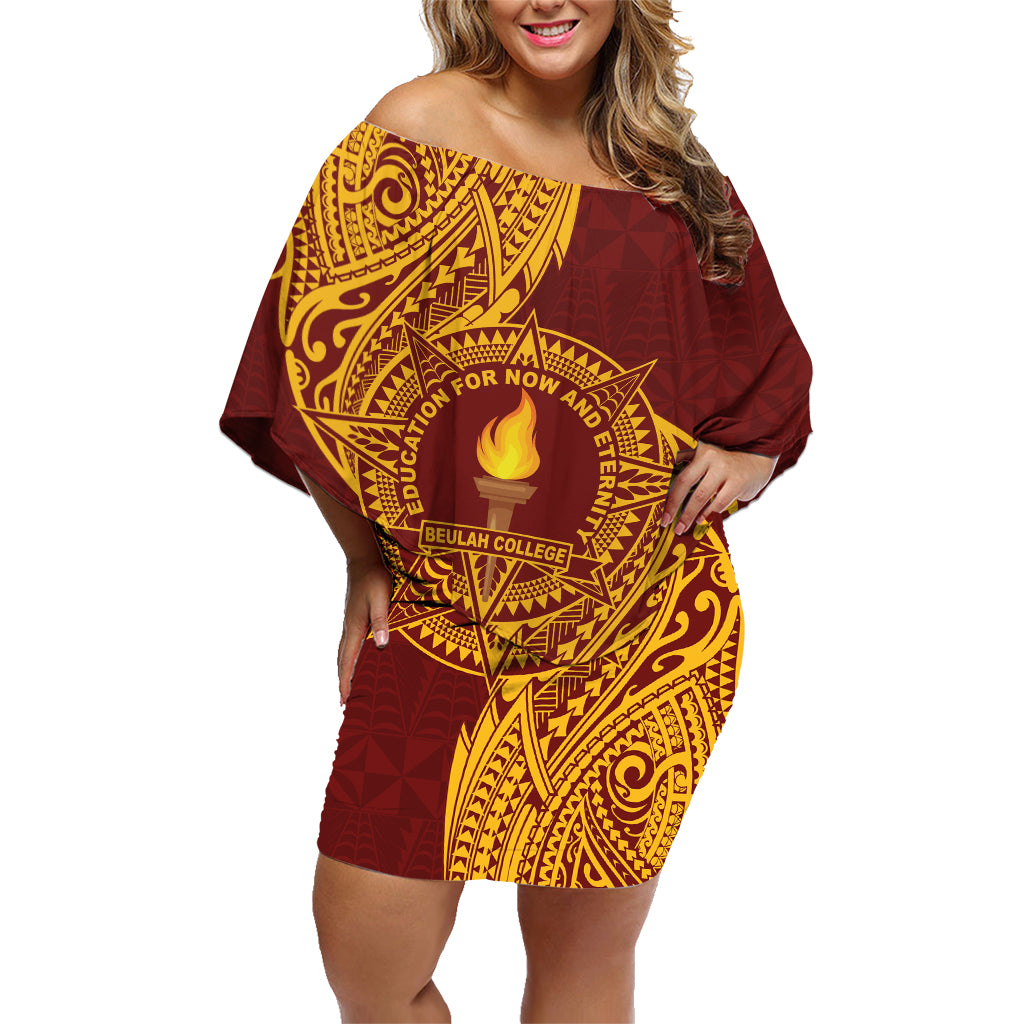 Personalised Tonga Beulah College Family Matching Off Shoulder Short Dress and Hawaiian Shirt Since 1938 Special Kupesi Pattern