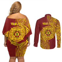 Personalised Tonga High School 77th Anniversary Couples Matching Off Shoulder Short Dress and Long Sleeve Button Shirt Special Kupesi Pattern