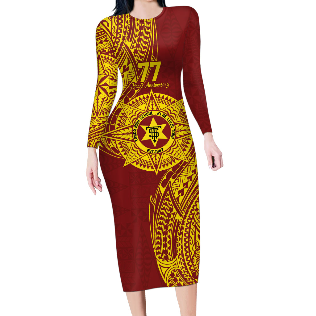 Personalised Tonga High School 77th Anniversary Family Matching Long Sleeve Bodycon Dress and Hawaiian Shirt Special Kupesi Pattern